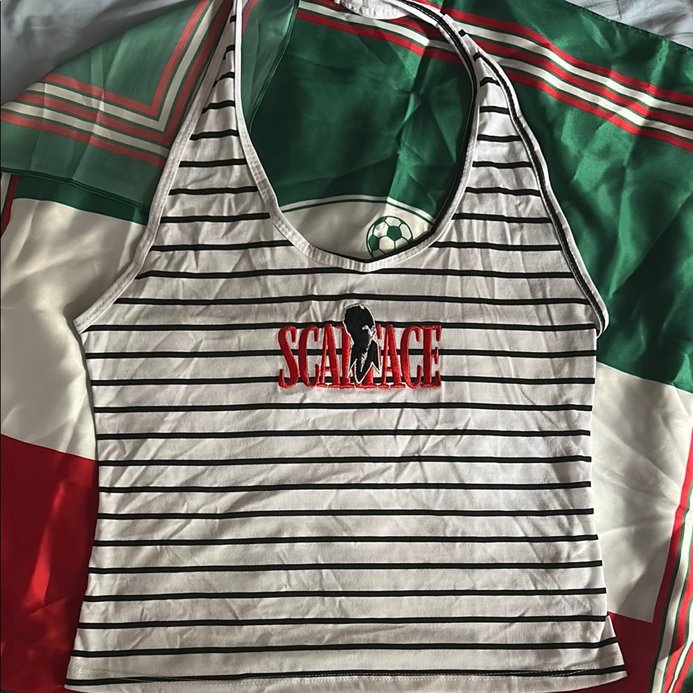 Fashion Nova White Black Striped 'SCARFACE' Tank Top with Red Logo